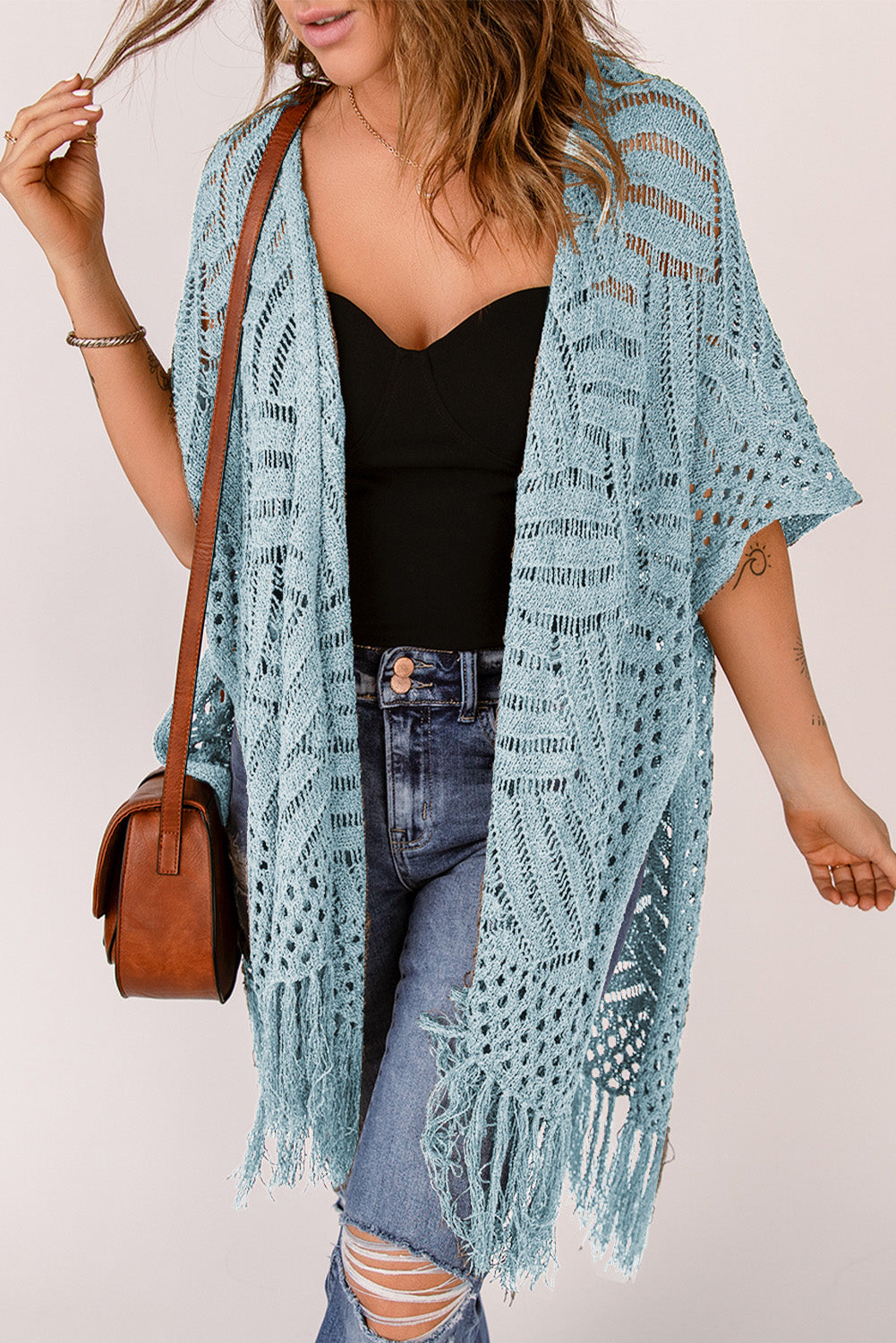 Openwork Open Front Cardigan with Fringes