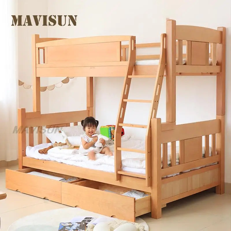 Natural Style Bedroom Furniture Bunk Bed For Children With Split Storage And Space Saving Small Apartment Two-Story Bed