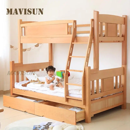 Lit superposé de style naturel pour enfants avec rangement séparé et gain de place pour petit appartement à deux étages