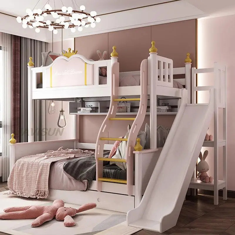 Cama de princesa con tobogán y armario Muebles de dormitorio para niños modernos de estilo europeo Cama de estilo lujoso tipo castillo para niñas