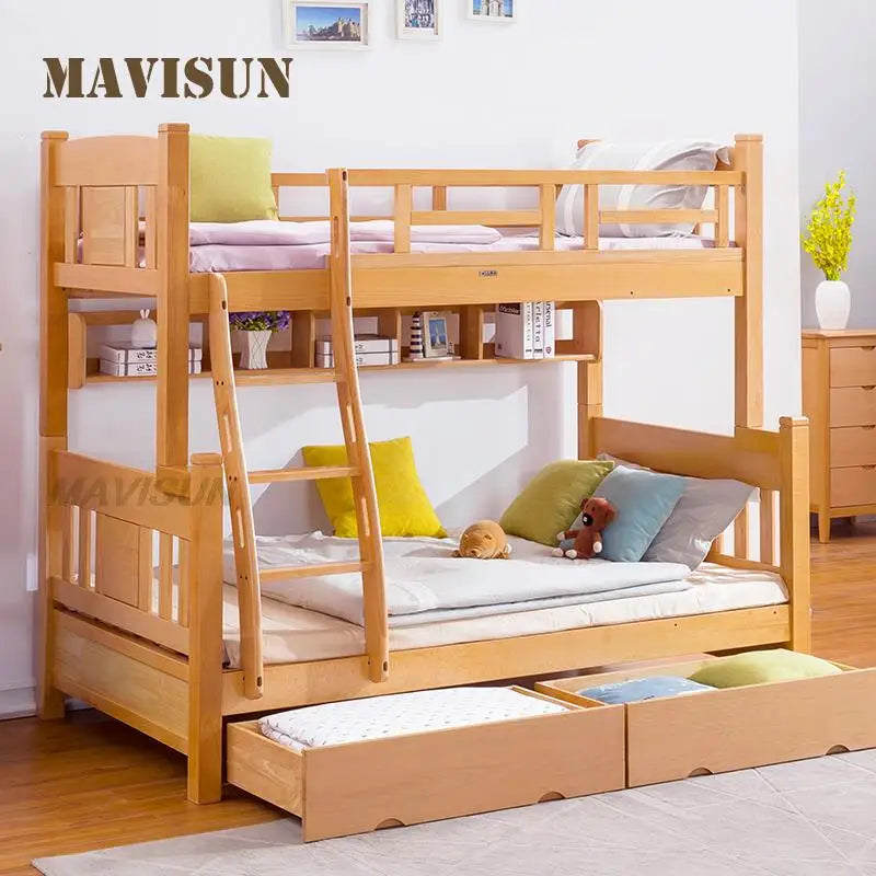 Lit superposé de style naturel pour enfants avec rangement séparé et gain de place pour petit appartement à deux étages