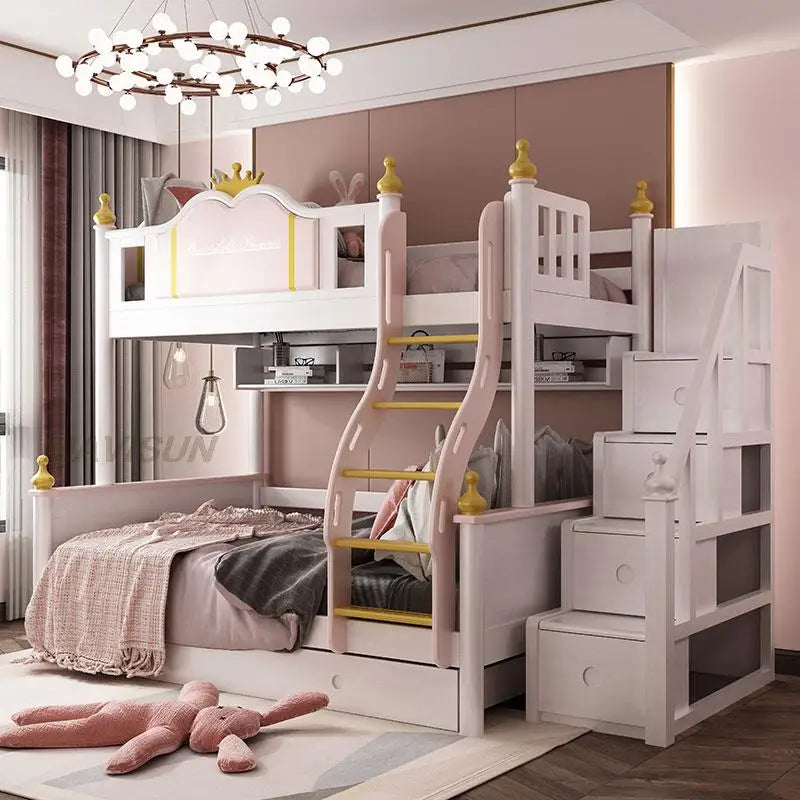 Cama de princesa con tobogán y armario Muebles de dormitorio para niños modernos de estilo europeo Cama de estilo lujoso tipo castillo para niñas