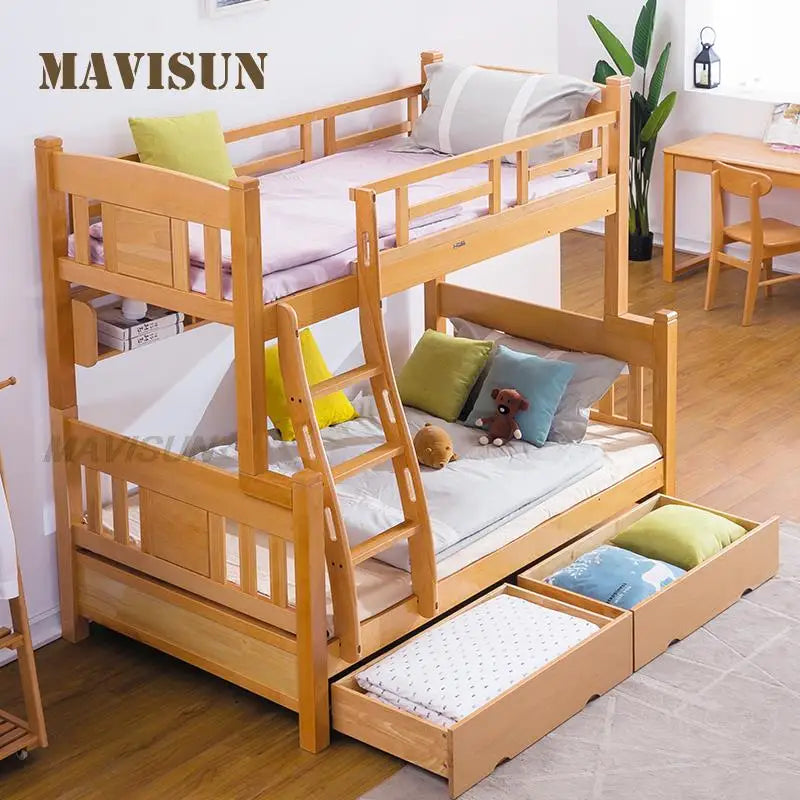 Lit superposé de style naturel pour enfants avec rangement séparé et gain de place pour petit appartement à deux étages