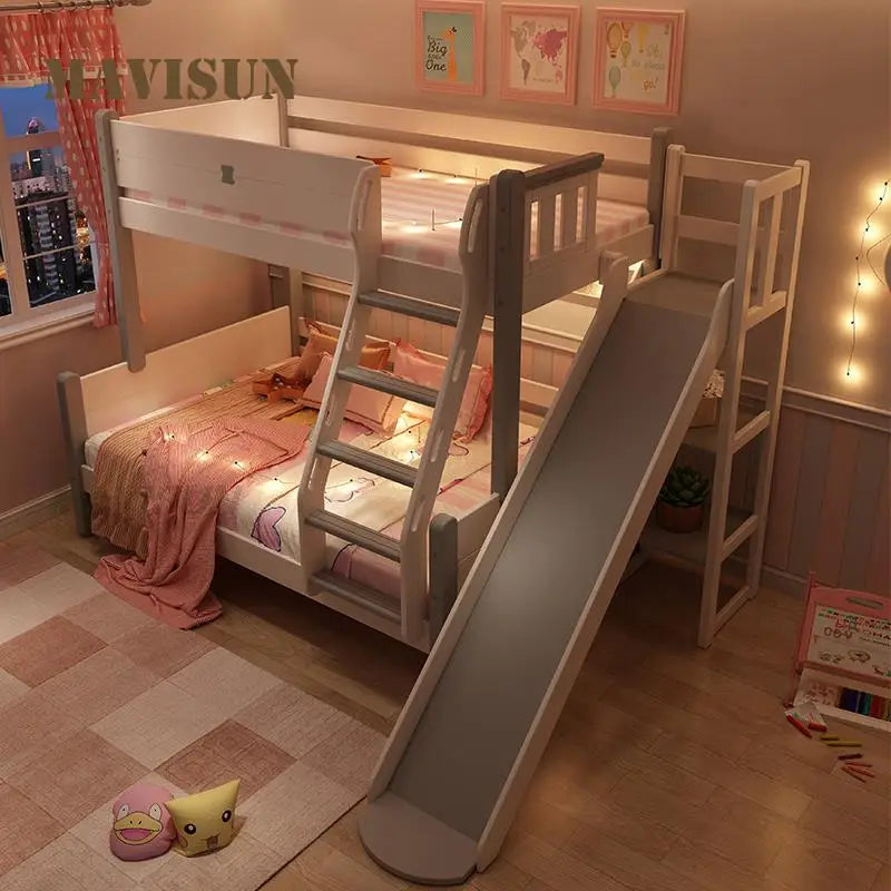 Litera de madera maciza estilo nórdico para apartamento pequeño con tobogán, cama tipo princesa con puertas arriba y abajo, muebles multifuncionales para dormitorio infantil