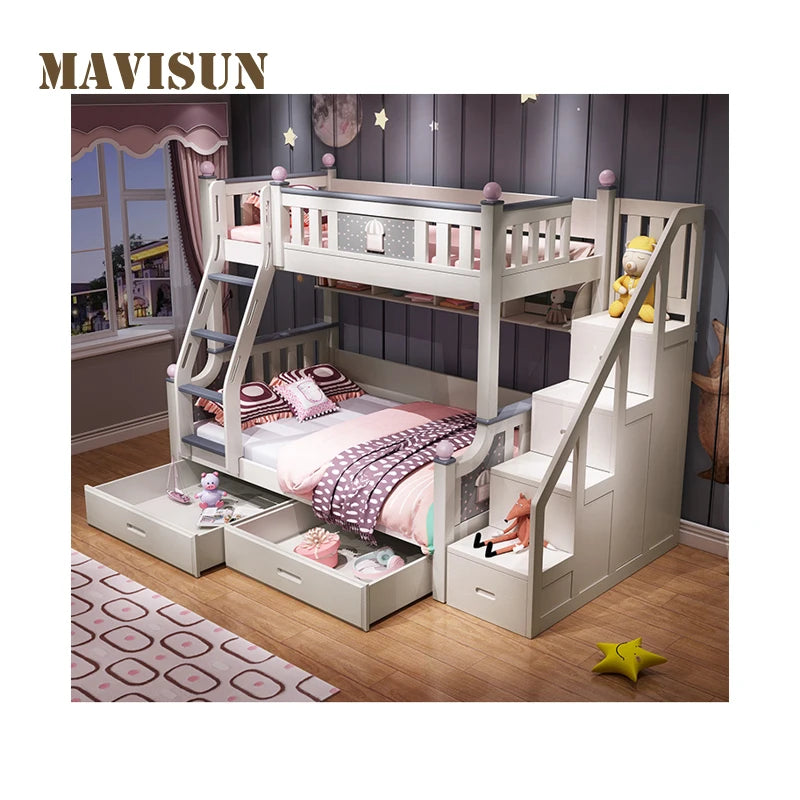 Lit princesse enfant-mère en bois massif pour fille, mobilier de chambre à coucher pour enfants, combinaison multifonctionnelle, lits hauts et bas à deux niveaux pour enfants