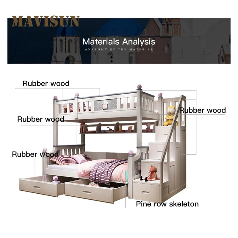 Lit princesse enfant-mère en bois massif pour fille, mobilier de chambre à coucher pour enfants, combinaison multifonctionnelle, lits hauts et bas à deux niveaux pour enfants