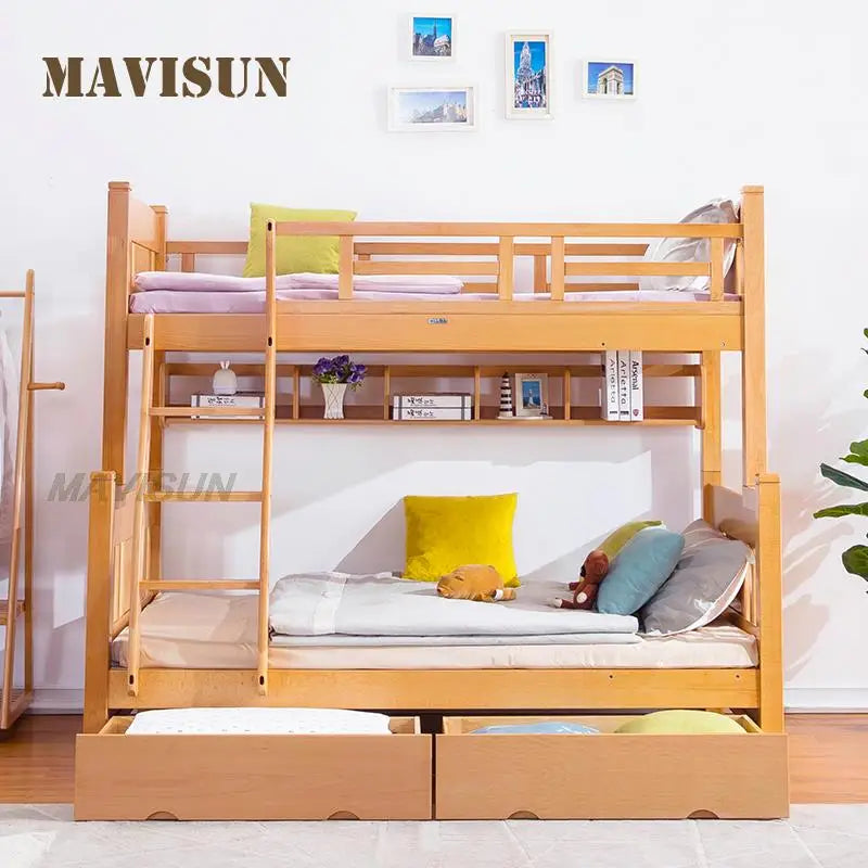 Lit superposé de style naturel pour enfants avec rangement séparé et gain de place pour petit appartement à deux étages