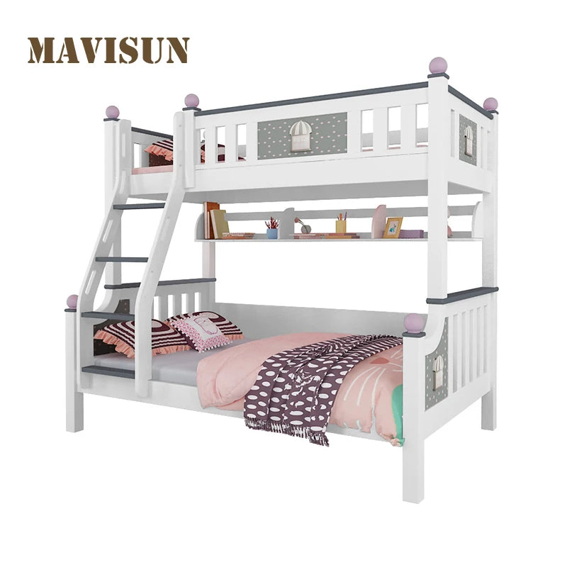 Lit princesse enfant-mère en bois massif pour fille, mobilier de chambre à coucher pour enfants, combinaison multifonctionnelle, lits hauts et bas à deux niveaux pour enfants