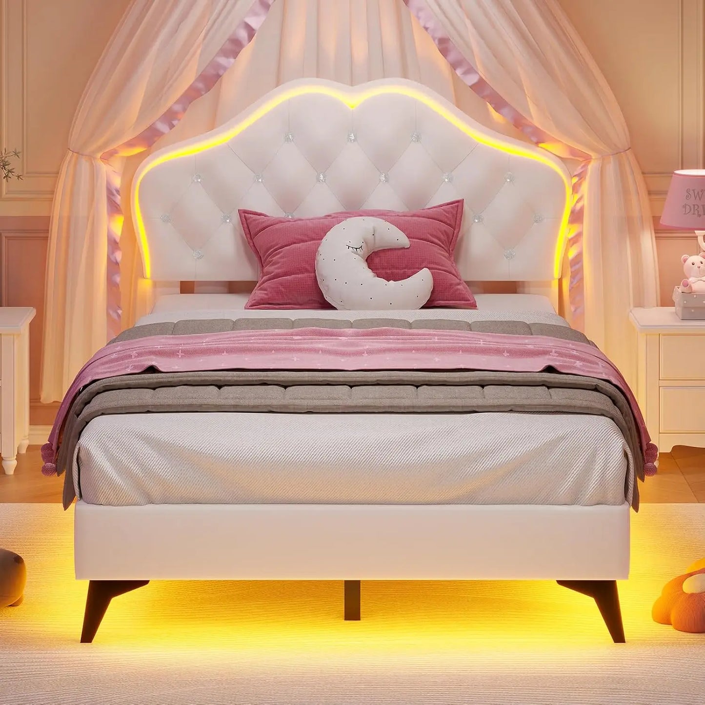 Twin Bed Frame with LED Lights, Princess Bed Frame with Adjustable Crystal Button Headboard, Velet Upholstered Plat