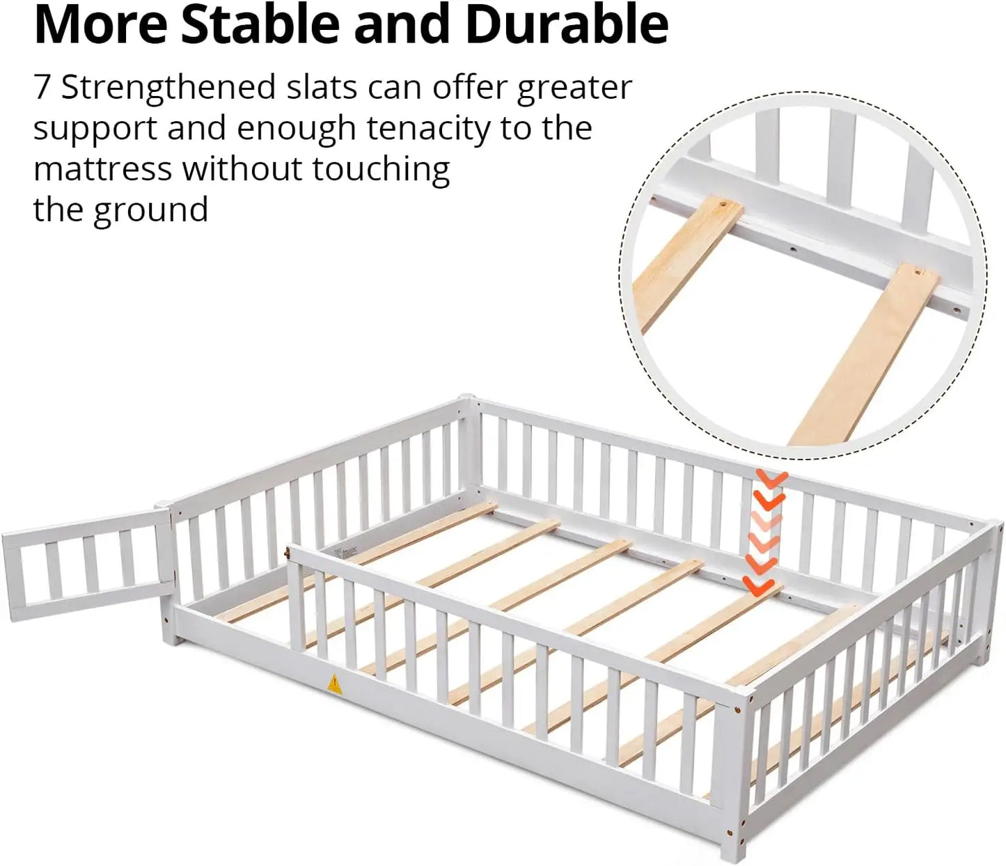 Cama de dos plazas para niños, estructura de madera resistente con listones de madera, valla alta y puerta pequeña