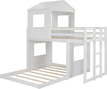 &amp; Bright Designs House Lits superposés, Lit simple sur lit double superposé, Maison de jeu en bois, Lit superposé bas, Cadre de lit pour enfants, tout-petits, filles/garçons, Whi