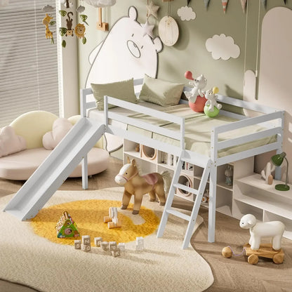 Lit mezzanine avec toboggan, cadre de lit mezzanine simple en bois avec échelle d'escalade et espace de rangement pour enfants et tout-petits (blanc)