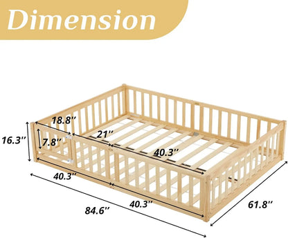 Toddler Floor Bed with Door and Fence for Kids, Montessori Bed with 12 Slats and Safety Guardrails, Kids Bed Solid