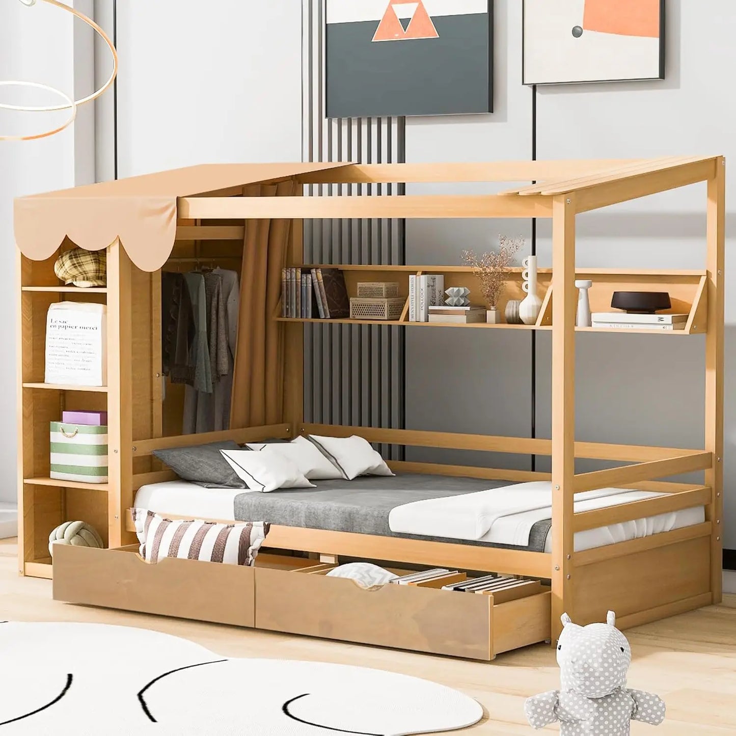 Merax Twin Size House Bed Frame with 2 Drawers, Built-in Wardrobe, Storage Shelves, Guardrail and Curtain, Wooden Bed for Kids