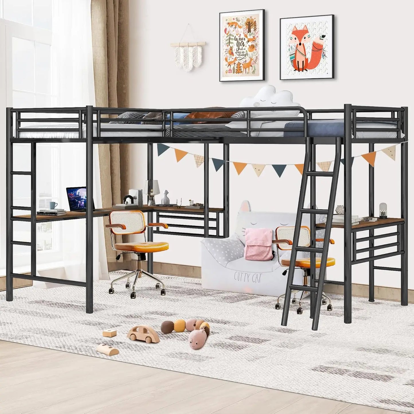 Twin Size L-Shaped Loft Bed with 2 Built-in Desks Metal Loft Corner Bed with 2 Ladders and Safety Guard Rail Heavy Children Beds