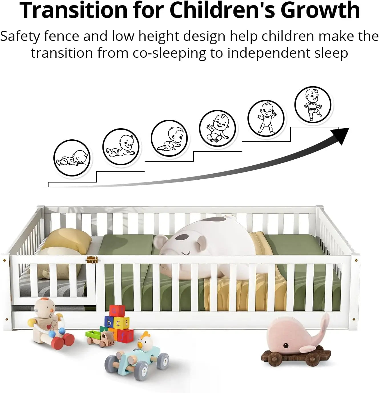 Cama de dos plazas para niños, estructura de madera resistente con listones de madera, valla alta y puerta pequeña