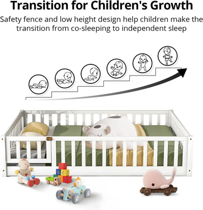 Cama de dos plazas para niños, estructura de madera resistente con listones de madera, valla alta y puerta pequeña