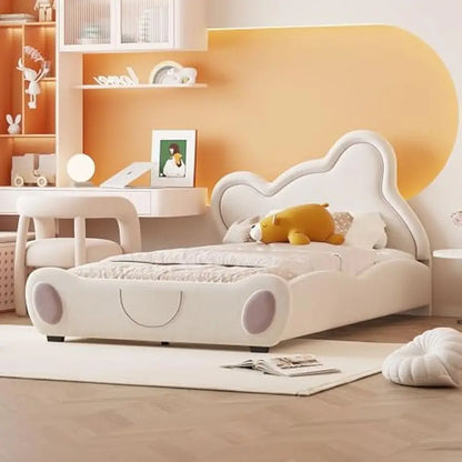 Marco de cama tapizado Merax tamaño twin para niños, cama de plataforma de terciopelo con cabecera en forma de oso y bolsillo en el extremo de la cama, beige