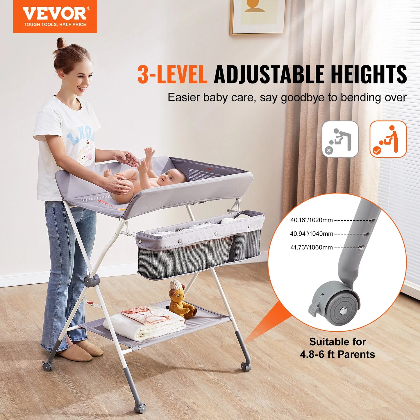 Table à langer pliable VEVOR pour bébé avec roulettes verrouillables et hauteurs réglables sur 3 niveaux pour nouveau-nés et nourrissons