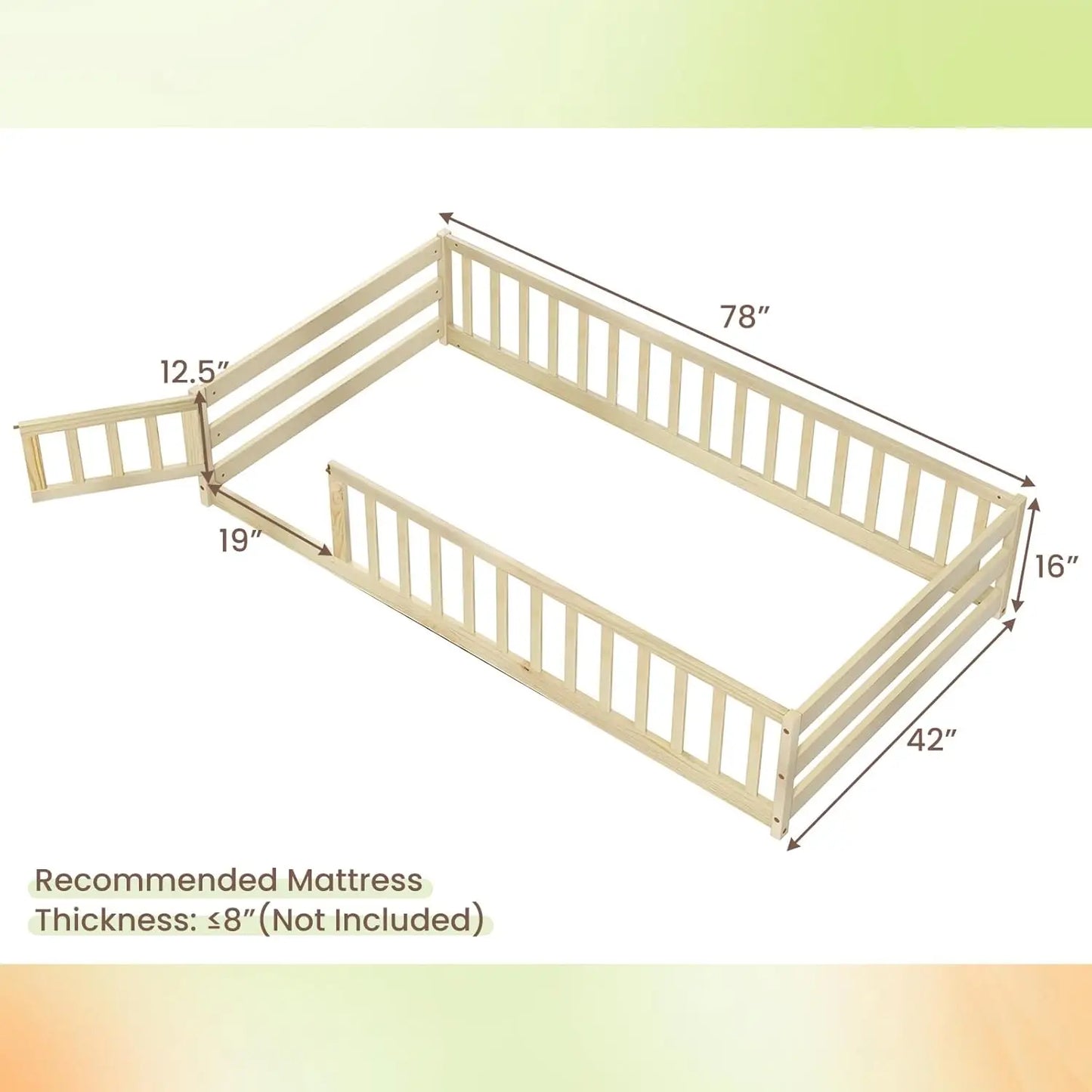 Twin Floor Bed with Door & Fence, Kids Wood Montessori Bed with Safety Guardrails, Floor Bed Frame for Kids, Boys, Girls, No Box