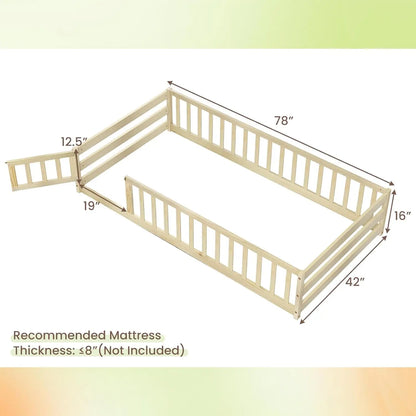 Cama de piso doble con puerta y valla, cama Montessori de madera para niños con barandillas de seguridad, estructura de cama de piso para niños, niños y niñas, sin caja