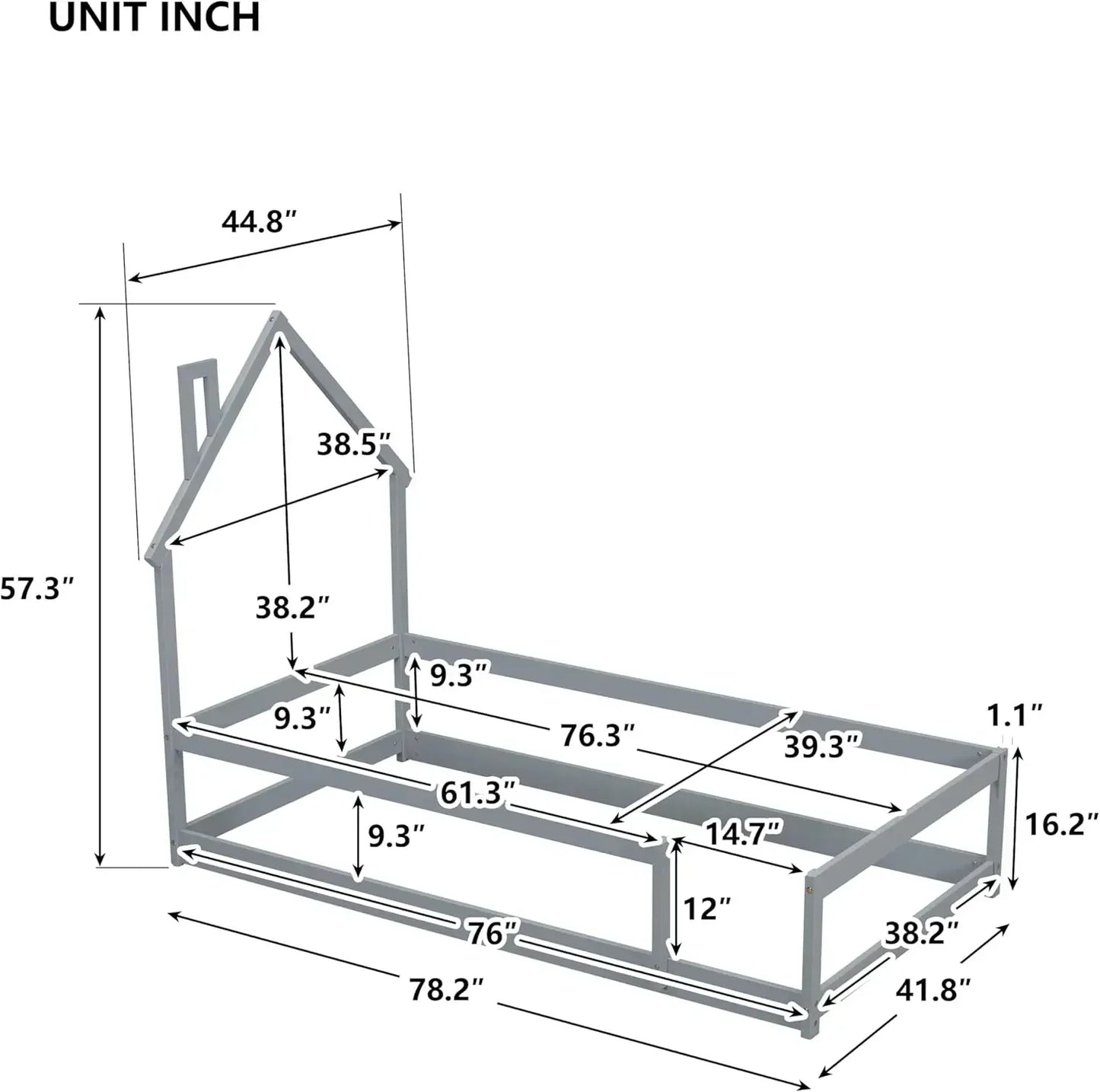 Cabecero de cama en forma de casa de tamaño doble con vallas, cama Montessori de madera para niños, cama con estructura de casa doble para niñas y niños (gris)