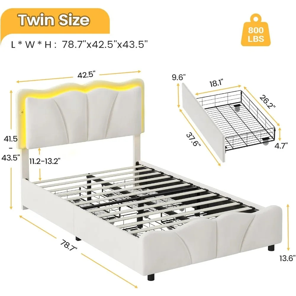 Cadre de lit double avec 4 tiroirs, cadre de lit rembourré à LED avec tête de lit réglable à fleurs, cadre de lit plateforme pour lit double