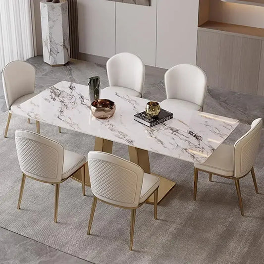 Ensemble de salle à manger avec table rectangulaire et base en acier, meubles de cuisine de luxe, plateau de table en pierre brillante, chaises pour la maison, 4 chaises