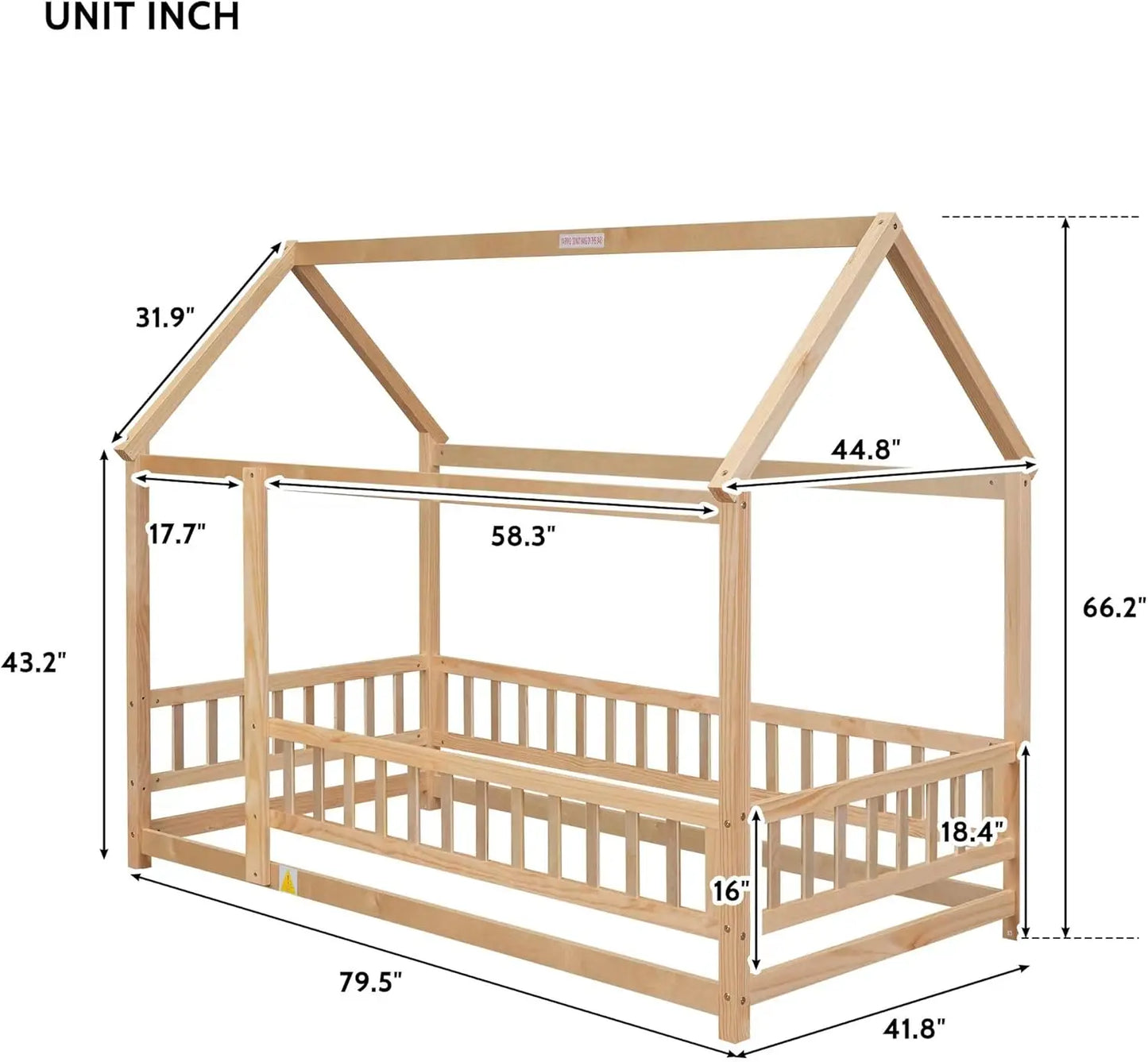 Cama de tamaño casa para niños y niñas, cama Montessori de madera con valla y techo, fácil de montar, no necesita somier, color natural