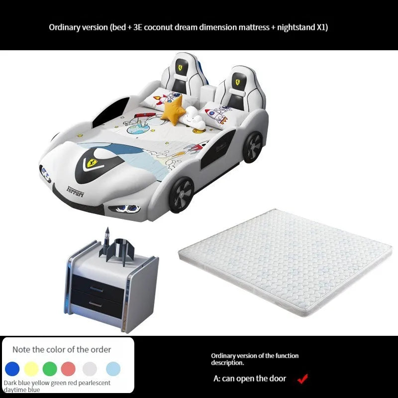 Lit multifonctionnel en forme de voiture pour enfants, cadre en bois, chambre à coucher, lit élégant et polyvalent avec 2 tables de chevet