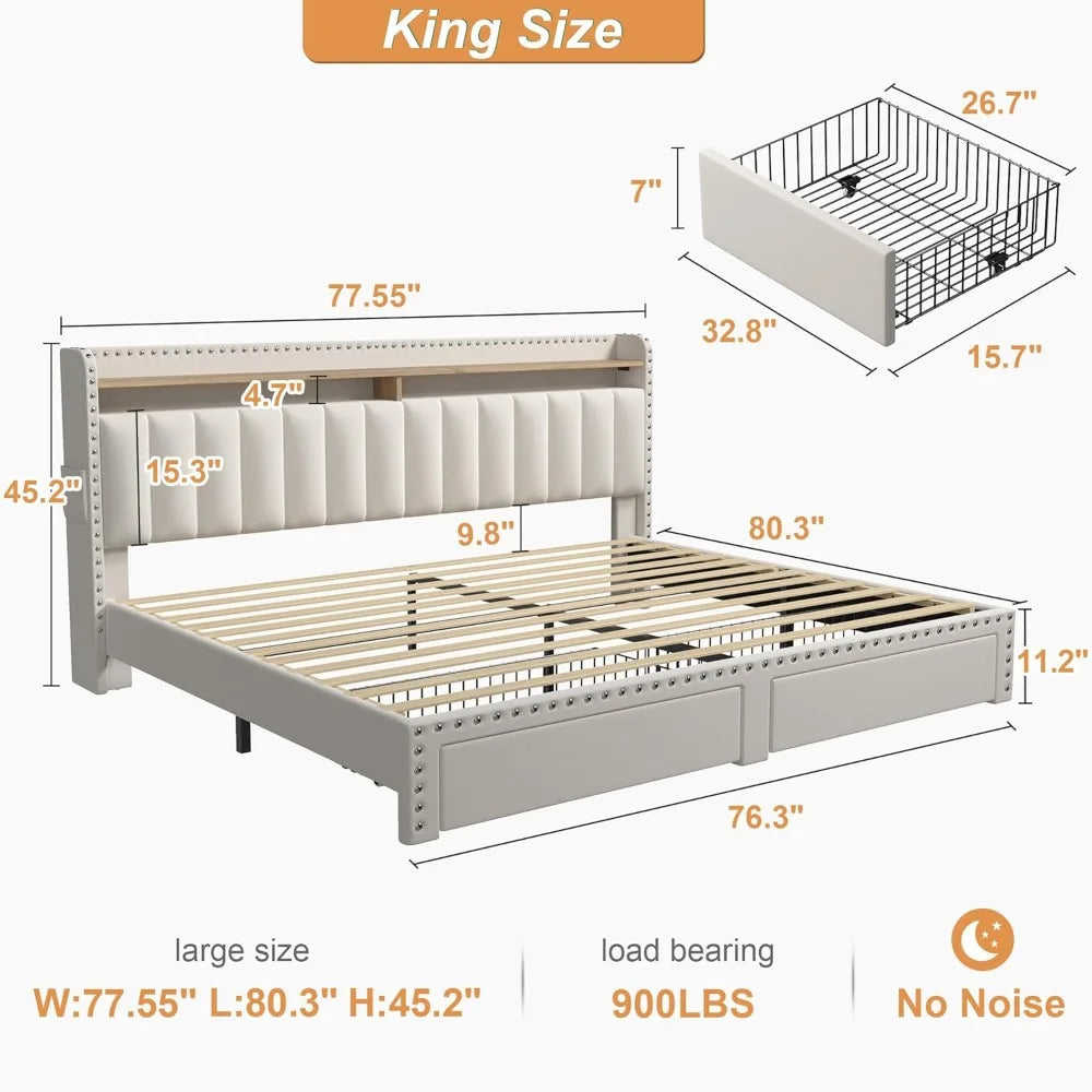 Cadre de lit king size avec rangement et tête de lit, cadre de lit king size avec 2 tiroirs, silencieux et pas besoin de sommier