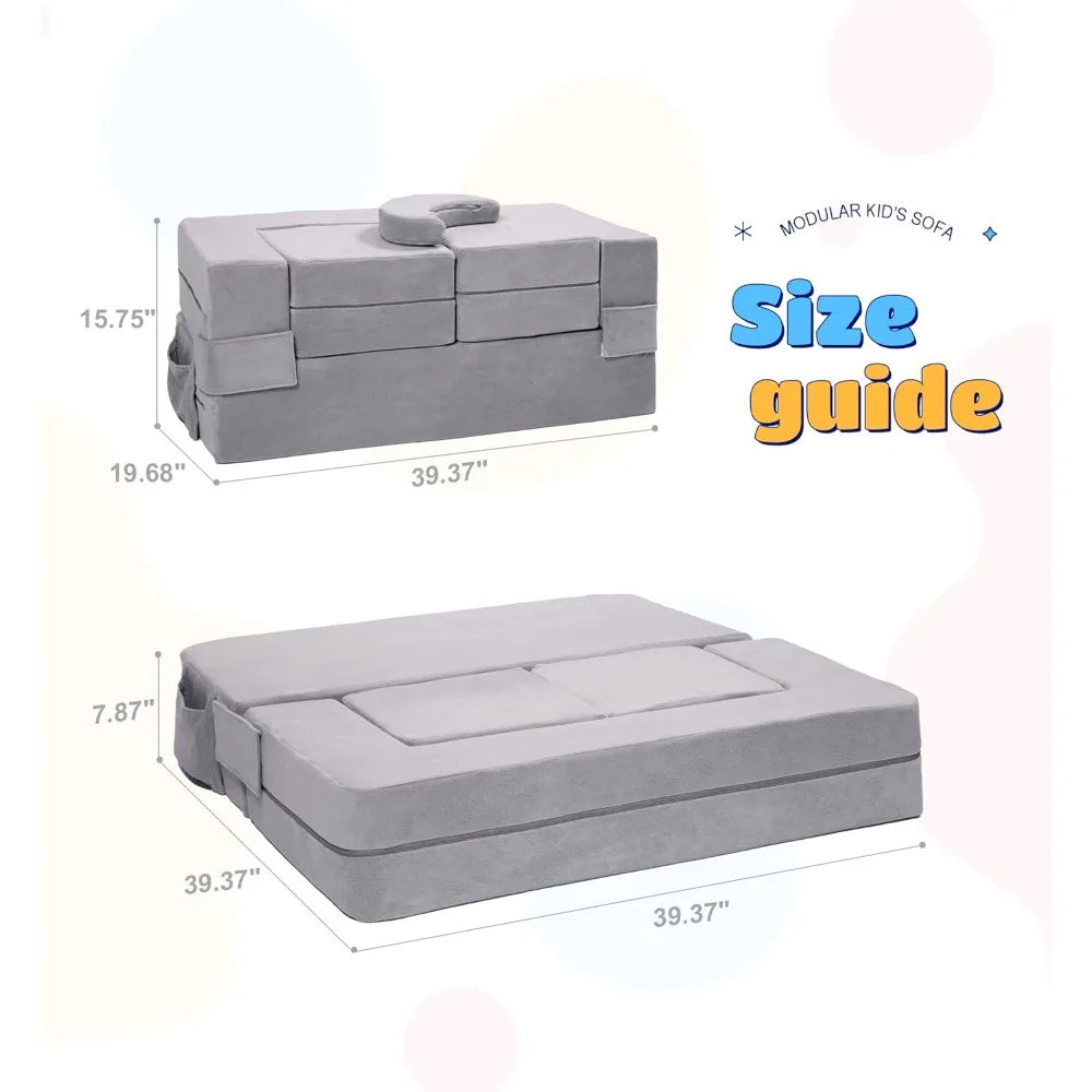 Sofá modular para niños, sillón de espuma para niños pequeños, juego de sofá de felpa convertible para niños, sofá cama plegable (gris)