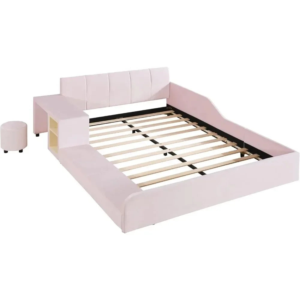 Modern Full Size Upholstered Grounded Bed Mother & Child Bed Velvet Fabric Upholstered Floor Platform Bed with Bedside Desk