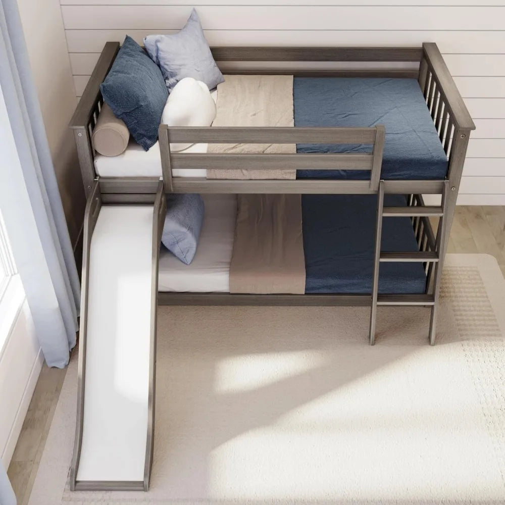 Litera baja doble, estructura de cama moderna de madera maciza para niños con listones de madera resistentes, acabados no tóxicos, gran capacidad de peso, color blanco