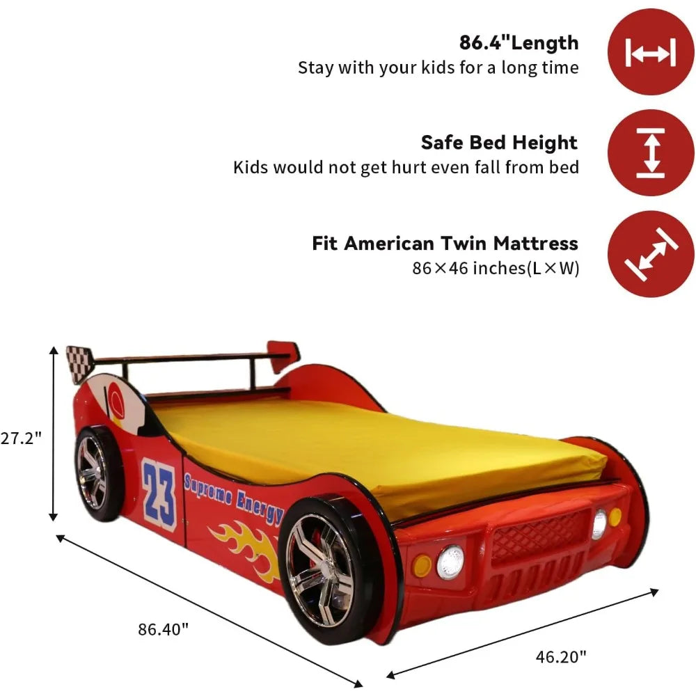 Cama de coche de tamaño doble para niños, estructura de cama de plataforma de madera con forma de coche de carreras, ruedas para la cabecera y listones de soporte