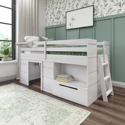 Loft Bed Twin Size, Solid Wood Low Loft Bed with Storage Drawer and Ladder, Modern Farmhouse Loft Bed for Kids, Driftwood