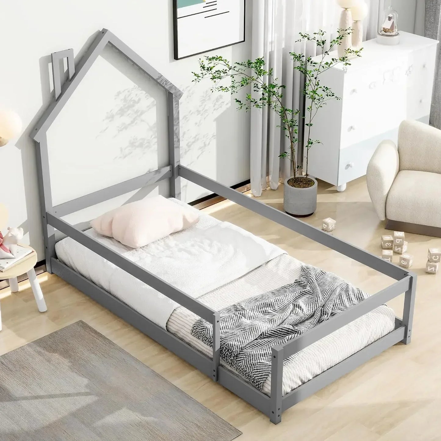 Cabecero de cama en forma de casa de tamaño doble con vallas, cama Montessori de madera para niños, cama con estructura de casa doble para niñas y niños (gris)