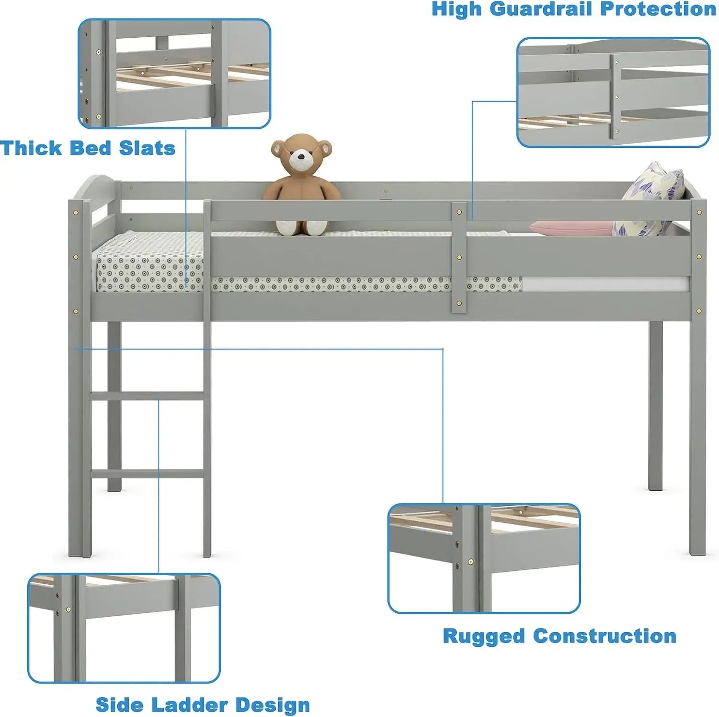 Wood Low Loft Bed w/Guard Rail and Ladder, Boys & Girls Twin Bed for Kids Room, No Box Spring Needed, Classic Children Low Loft