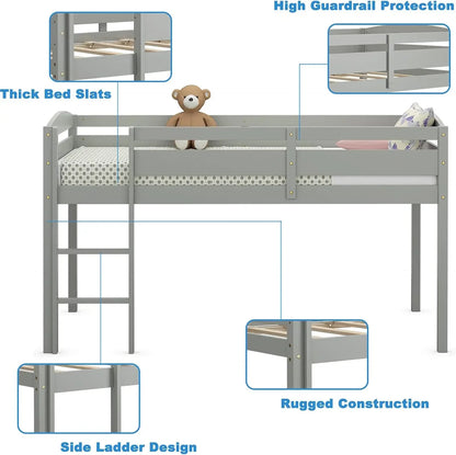 Wood Low Loft Bed w/Guard Rail and Ladder, Boys & Girls Twin Bed for Kids Room, No Box Spring Needed, Classic Children Low Loft