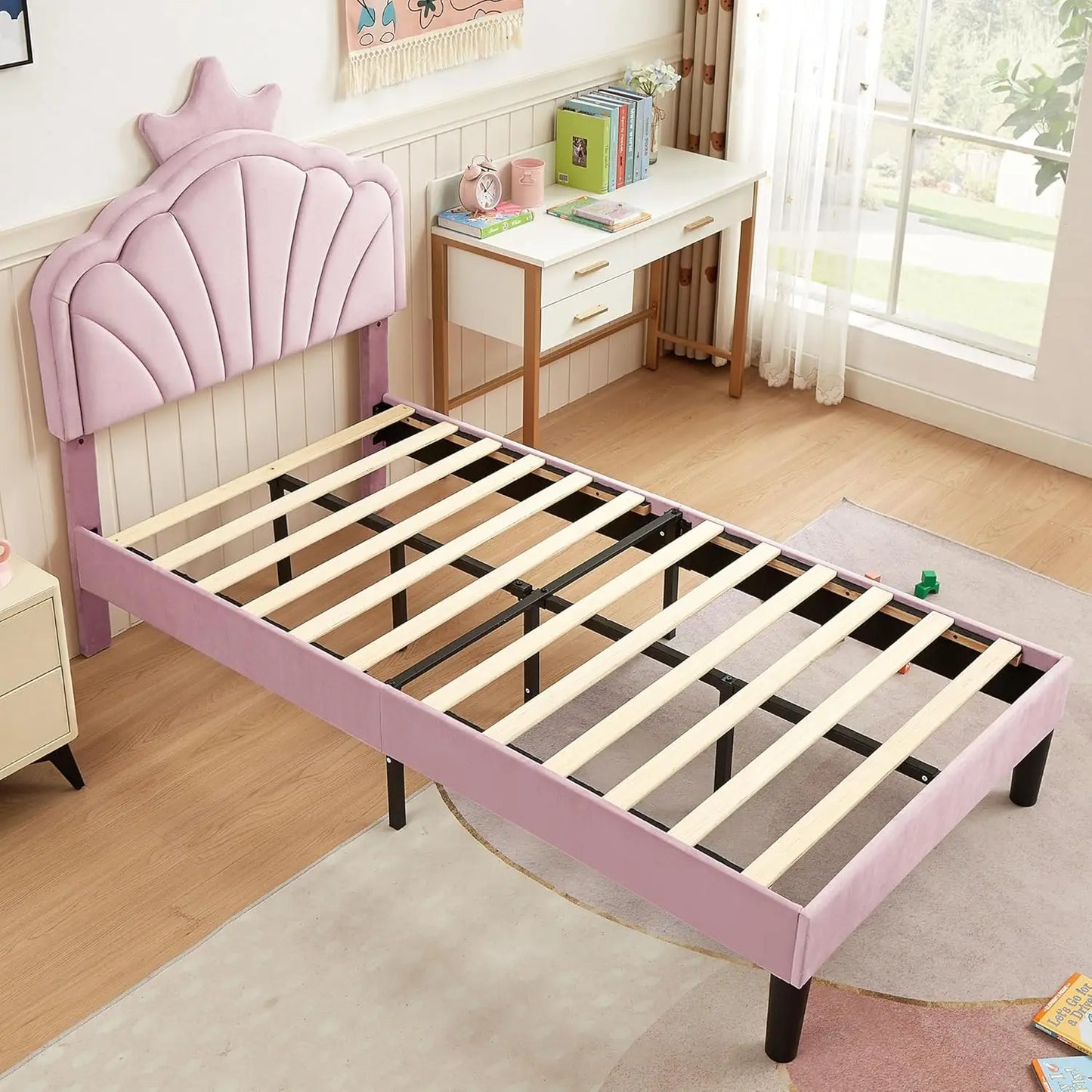 Twin Size Bed Frame Upholstered with Headboard, Strong Platform with Crown for Kids Girls, Wooden Slats Support, No Box Spring N