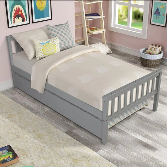 Twin Size Platform Bed with Trundle Headboard Space Saving 250lbs Load Capacity Bed Frame for Kids Boys Girls Teens