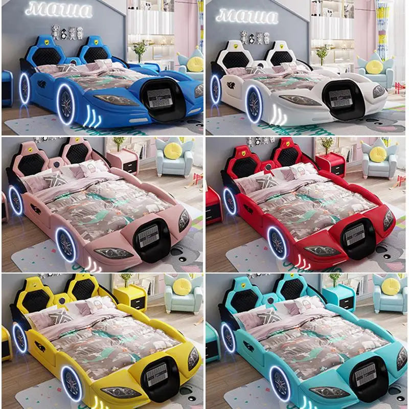 Multi-Color Lovely Kid's Bed With Guardrail Solid Wooden Bedroom Furniture Car Shaped Cute Children’s Bed For Boys And Girls