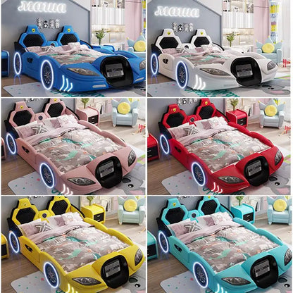 Preciosa cama infantil multicolor con barandilla, muebles de dormitorio de madera maciza, bonita cama infantil con forma de coche para niños y niñas