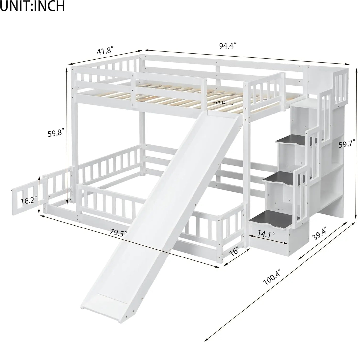 Litera doble sobre cama matrimonial con escalera de almacenamiento y tobogán, cama de madera multifuncional con barandillas y puerta inferior para niños, color blanco