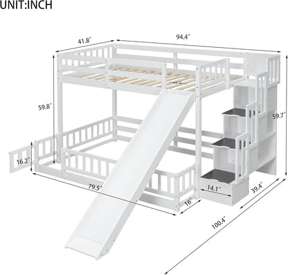 Litera doble sobre cama matrimonial con escalera de almacenamiento y tobogán, cama de madera multifuncional con barandillas y puerta inferior para niños, color blanco