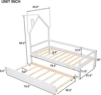 Cama nido con forma de casa de tamaño estándar para dormitorio de niños y niñas, cama de plataforma Montessori con cabecero y barandillas de longitud, sin caja