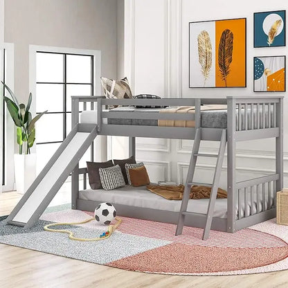 Solid Wood Low Bunk Bed for Kids, Twin Over Twin Floor Bunk Bed with Slide and Stair, Stairway with Storage Shelves/Handrail