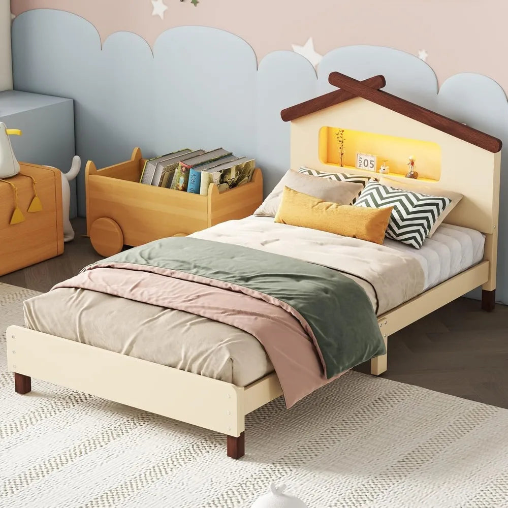 Marco de cama para niños de madera color crema tamaño twin, cabecero en forma de casa con luces nocturnas activadas por movimiento, construcción resistente