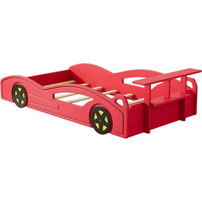 Cama de tamaño doble con forma de coche de carreras para niños, plataforma de madera roja con estantes de almacenamiento abiertos, barandillas de seguridad, no requiere somier