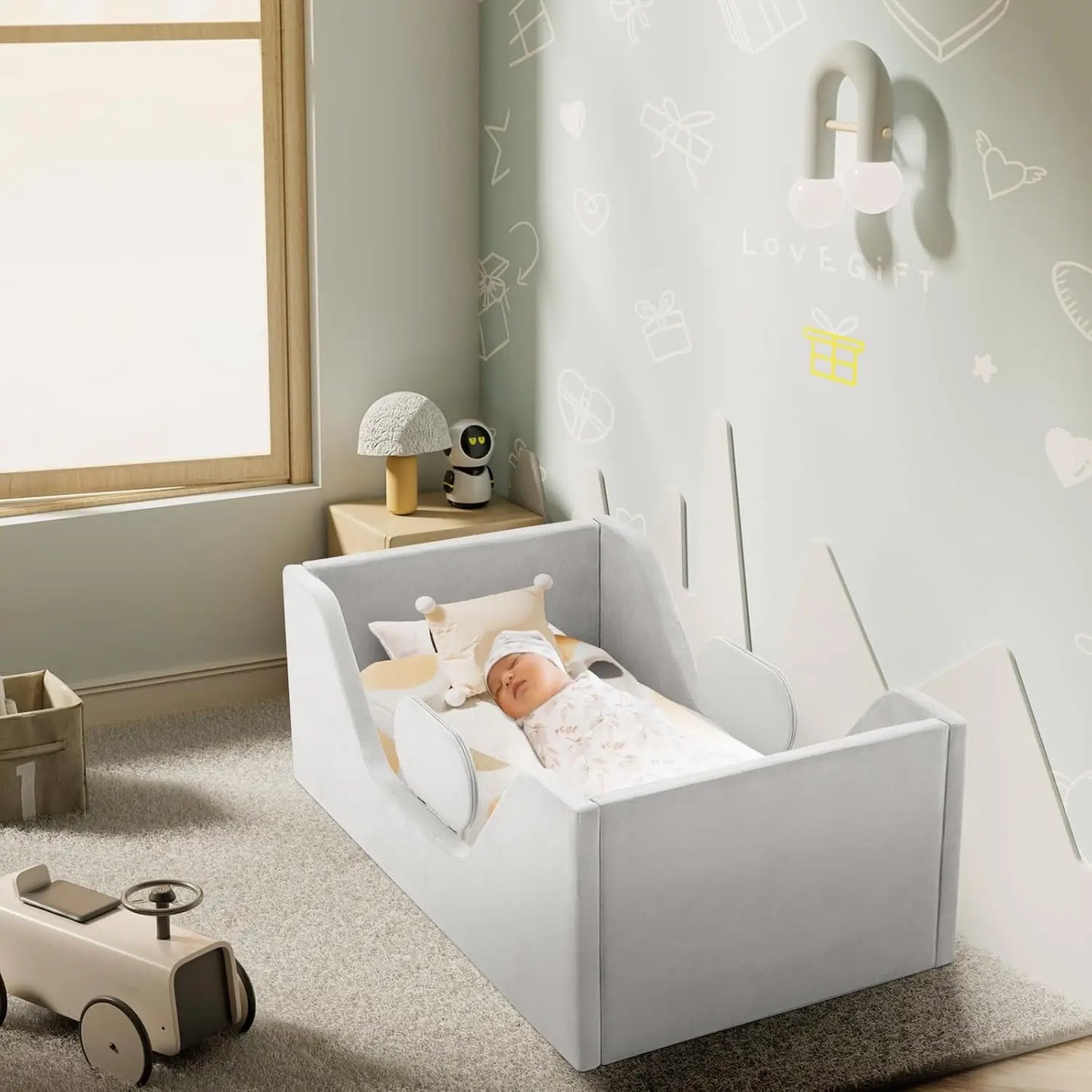 Cama infantil con estructura de suelo y barandillas de seguridad extraíbles, cama infantil para niñas y niños, apta para colchones de cuna de tamaño completo